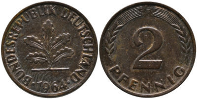 ФРГ 2 пфеннига 1964 F KM 106, J.381 бронза 99-136