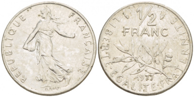 ФРАНЦИЯ 1/2 ФРАНКА 1977 СЕЯТЕЛЬ KM 931.1, LE FRANC 198.16 никель 4528-312