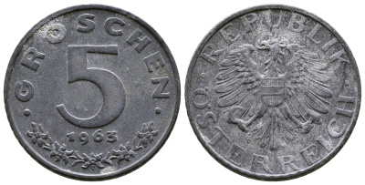АВСТРИЯ 5 ГРОШЕЙ 1963 KM 2875 цинк 57-1327