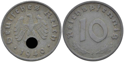 ГЕРМАНИЯ 10 РЕЙХСПФЕННИГОВ 1940 F KM 101, J. 371 цинк 4401-856