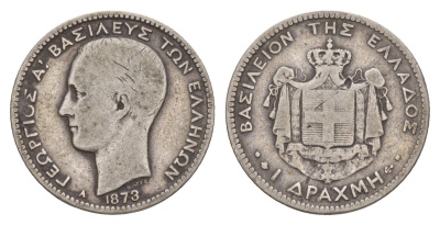 Греция 1 драхма 1873 A, Георг I (1863-1913) KM 38 серебро 4654-1126