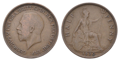 Великобритания 1/2 пенни 1930 Георг V (1910-1936) KM 837, Spink 4058 бронза    4660-552