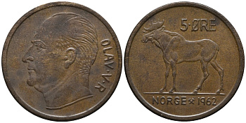Норвегия 5 эре 1962 лось, Улаф V (1958-1991) KM 405 бронза 4577-743