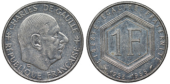 Франция 1 франк 1988 Шарль де Голль KM 963, Le Franc 227.2 никель 4128-355