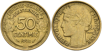 Франция 50 сантимов 1932 KM 894.1, Le Franc 192.15 алюминиевая бронза 4596-762