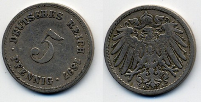 Германия 5 пфеннигов 1897 A, KM 11, J. 12 медно-никель 53-132