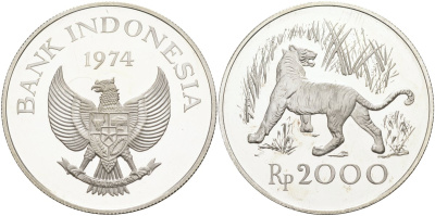 Индонезия 2000 рупий 1974 Яванский тигр, тираж 18000 экз. KM 39а серебро PROOF 1095-6-63