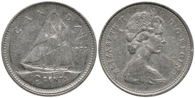 Канада 10 центов 1975 Елизавета II (1952-2022), парусник KM 77.1 никель 4532-819