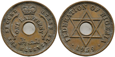 Нигерия 1/2 пенни 1959 Елизавета II (1952-), Британский протекторат KM 1 бронза 4392-1332