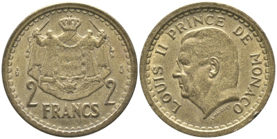 Монако 2 франка 1945 Луи II (1922-1949) KM 121а алюминиевая бронза 4395-742