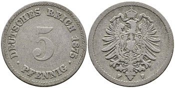 ГЕРМАНИЯ 5 ПФЕННИГОВ 1875 F, СТАРОГЕРБОВКА KM 3, J.3 медно-никель 4387-746