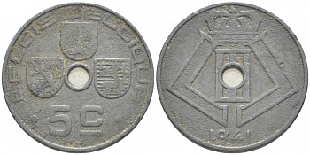 БЕЛЬГИЯ 5 САНТИМОВ 1941 BELGIE-BELGIQUE KM 124 цинк 112-247