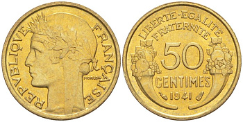 ФРАНЦИЯ 50 САНТИМОВ 1941 ТИП MORLON KM 894.1, LE FRANC 192.18 алюминиевая бронза 44-516