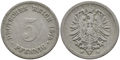 ГЕРМАНИЯ 5 ПФЕННИГОВ 1875 F, СТАРОГЕРБОВКА KM 3, J.3 медно-никель 4387-746