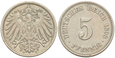 Германия 5 пфеннигов 1908 A KM 11, Jager 12, Weege 6 медно-никель 206-1113