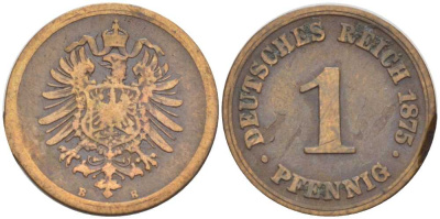 ГЕРМАНИЯ 1 ПФЕННИГ 1875 B, СТАРОГЕРБОВКА KM 1, J. 1, Weege 1 медь 206-1028