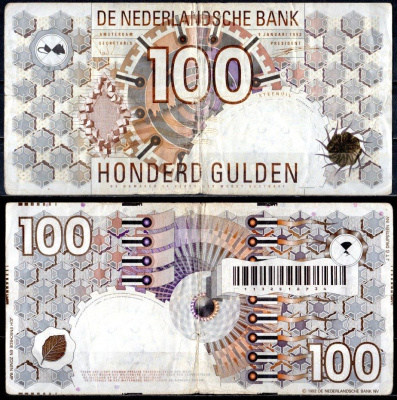 Нидерланды 100 гульденов 1992 Pick 101 бумага 451-781-3
