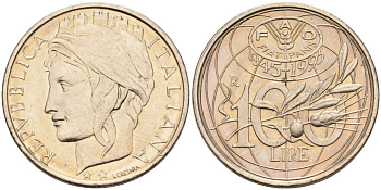 Италия 100 лир 1995 R, FAO, 50 лет организации KM 180 медно-никель 27-147
