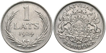 Латвия 1 лат 1924 Первая республика (1918-1939) KM 7 серебро 27-1227
