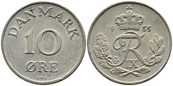 ДАНИЯ 10 ЭРЕ 1955 N; S, ФРЕДЕРИК IX (1947-1972) KM 841.1 медно-никель 4392-419