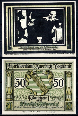 Ауэрбах-им-Фогтланд (Саксония) 50 пфеннигов 1921 Mehl Grabowski 53.1a-2.1 бумага UNC (пресс) 7556-40-3-2