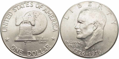 США 1 доллар 1976 D, 200 лет независимости, Президент Эйзенхауэр, колокол, тип II KM 206 медь плакированная медно-никелем 00-00