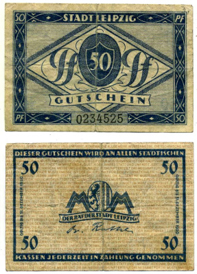 Лейпциг 50 пфеннигов 1920 31 декабря 1920, нотгельд, земля Восточная Пруссия Grabowski 1102.1 бумага 2195-38-1-1