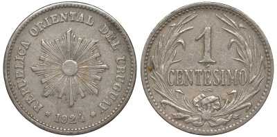 Уругвай 1 сентесимо 1924 KM 19 медно-никель 4169-643