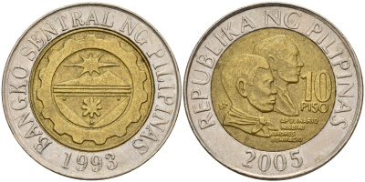 Филиппины 10 песо 2005 Аполинарио Мабини и Андрес Бонифасио KM 278 биметалл    4161-1145
