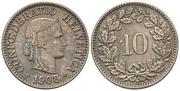 Швейцария 10 раппенов 1908 B KM 27 медно-никель 4164-1148