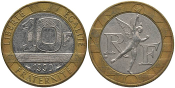 Франция 10 франков 1990 тип Гений Бастилии KM 964.1, Le Frank 375.5 биметалл 181-437