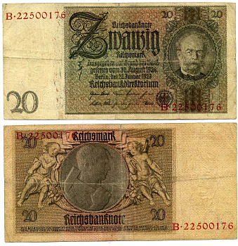 ГЕРМАНИЯ 20 РЕЙХСМАРОК 1929 Pick 181a бумага 3295-78-3