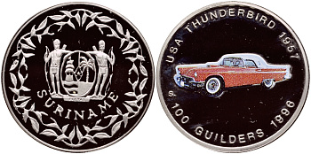 Суринам 100 гульденов 1996 США, Thunderbird 1957, эмаль KM 47 медно-никель PROOF 1524-712