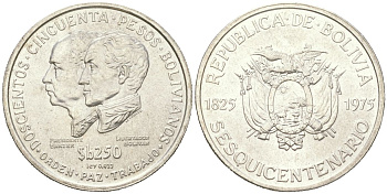 Боливия 250 песо 1975 150 лет независимости KM 195 серебро UNC 443-441