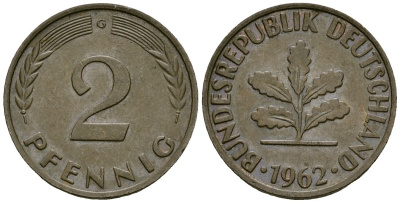 ФРГ 2 пфеннига 1962 G KM 106 бронза 4173-1139