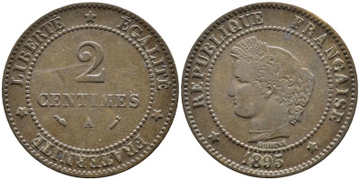 ФРАНЦИЯ 2 САНТИМА 1895 A, ТРЕТЬЯ РЕСПУБЛИКА (1871- 1940) KM 827.1, LE FRANC 109.21 бронза 4392-719