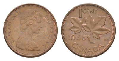 Канада 1 цент 1965 Елизавета II (1952-2022), кленовый лист KM 59 бронза 4630-543