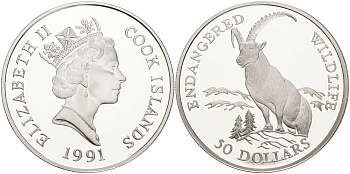 Острова Кука 50 долларов 1991 серия охрана окружающей среды, горный баран KM 120 серебро PROOF 11-263-42