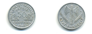 ФРАНЦИЯ 50 САНТИМОВ 1943 ПРАВИТЕЛЬСТВО ВИШИ KM 914.1, LE FRANC 196.1 алюминий 80-867