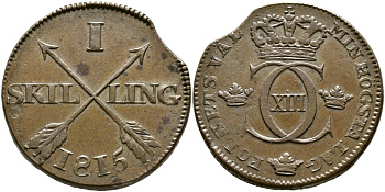 ШВЕЦИЯ 1 СКИЛЛИНГ 1815 KM 585 медь 36-615