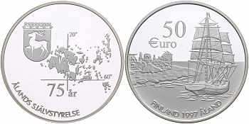 Финляндия 50 евро 1997 75 лет Аландскому самоуправлению, корабль серебро PROOF 1068-4-22