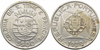 Португальское Сан-Томе и Принсипи 5 эскудо 1939 первый год KM 6 серебро 413-2041