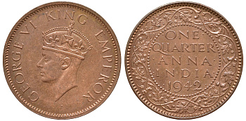 Британская Индия 1/4 анна 1942 Георг VI (1937-1952) KM 531 бронза aUNC 4178-747