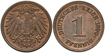 Германия 1 пфенниг 1890 E, Вильгельм II (1888-1918) KM 10, J. 10 медь 4608-155
