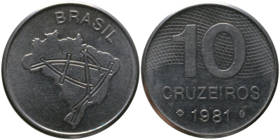 Бразилия 10 крузейро 1981 KM 592.1, Schon 101 нержавеющая сталь aUNC 4514-1015
