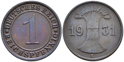 ГЕРМАНИЯ 1 РЕЙХСПФЕННИГ 1931 E KM 37, J. 313, Weege 2 бронза 4547-157