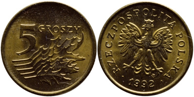 Польша 5 грошей 1992 MW KM 278 латунь UNC 26-718