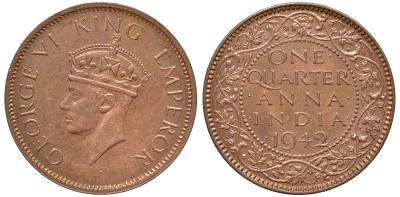 Британская Индия 1/4 анна 1942 Георг VI (1937-1952) KM 531 бронза aUNC 4178-747