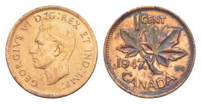 Канада 1 цент 1947 Leaf, Георг VI (1936-1952), кленовый лист KM 32 бронза 4639-263