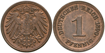 Германия 1 пфенниг 1890 E, Вильгельм II (1888-1918) KM 10, J. 10 медь 4608-155